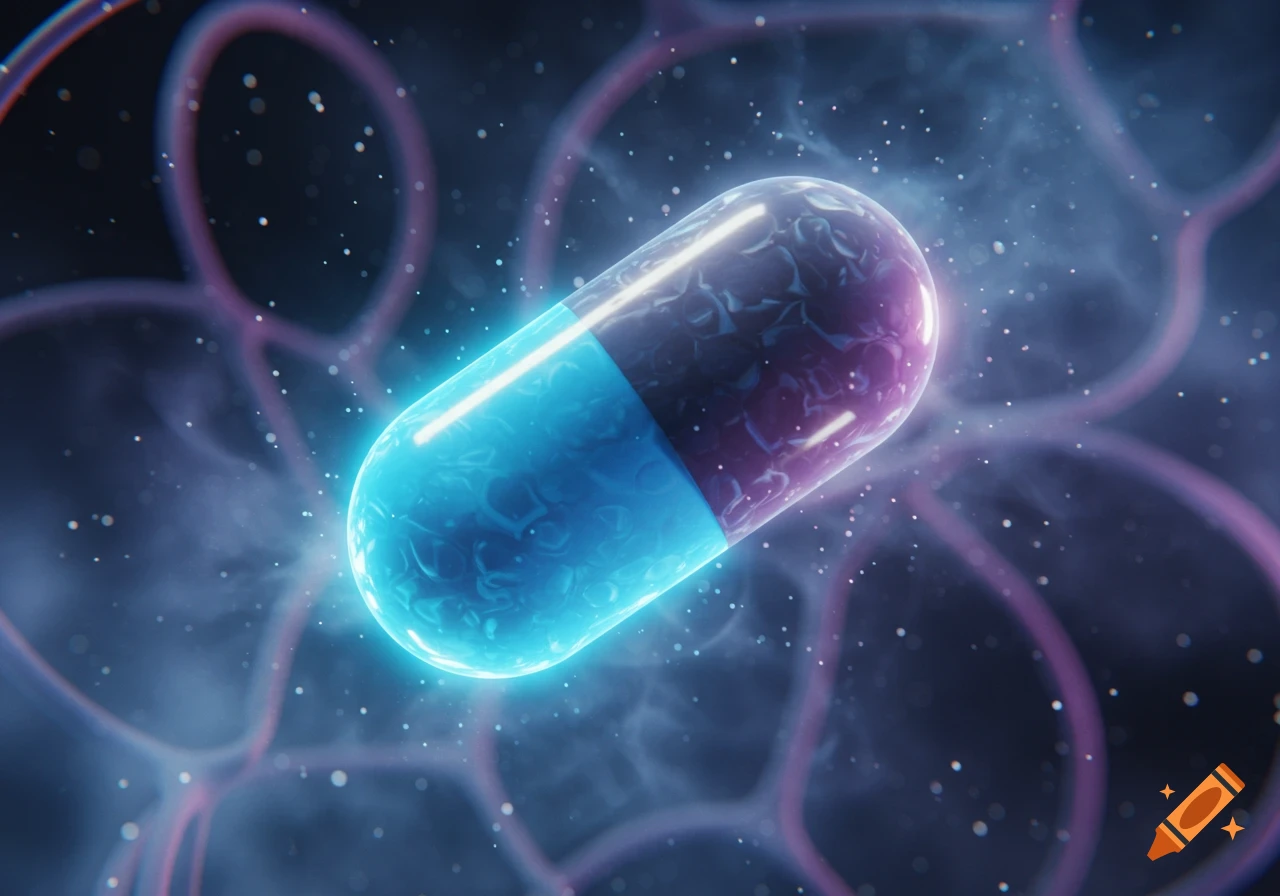 A glowing blue and purple pill floats in a hazy, abstract, microscopic environment with sparkling particles.