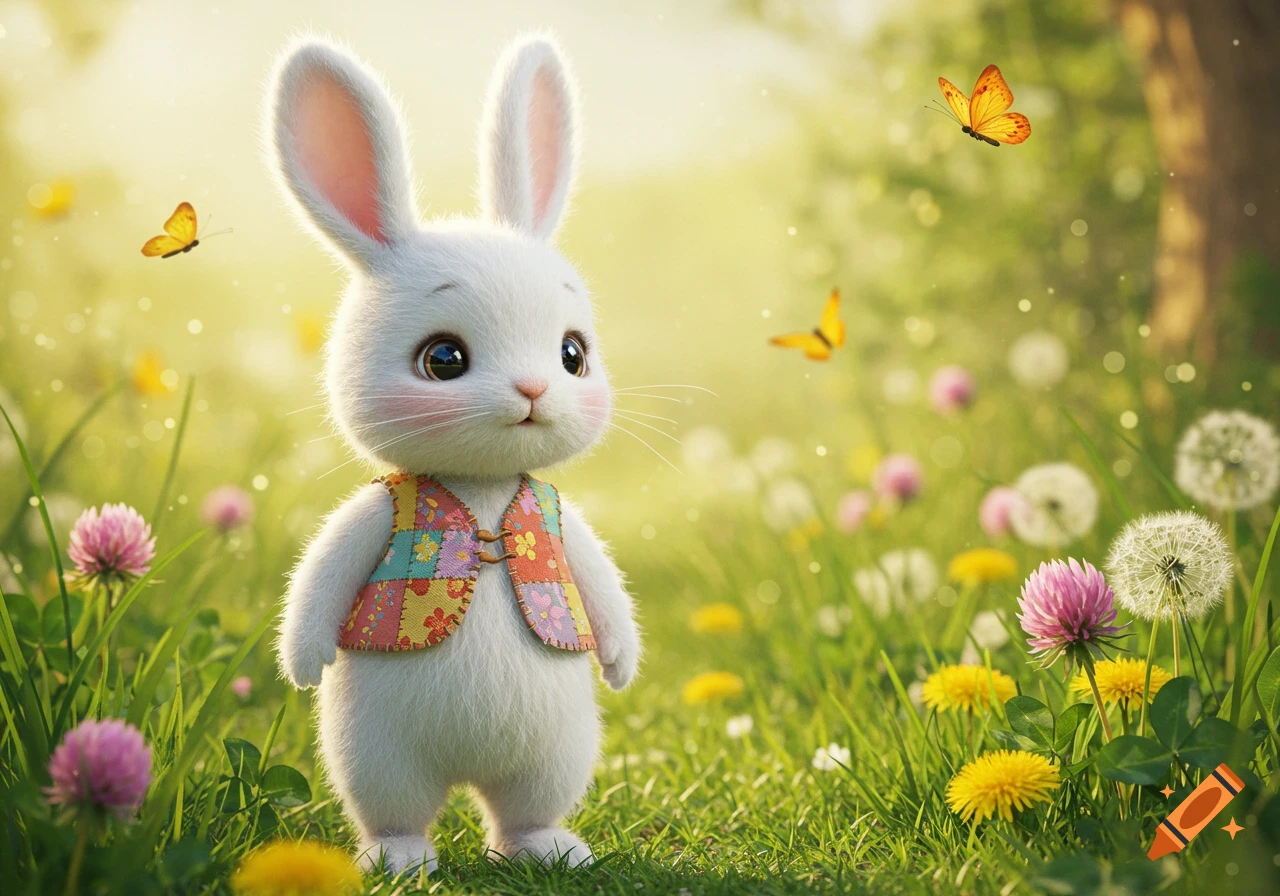 A cute, fluffy white rabbit wearing a colorful patchwork vest stands in a sunlit field with wildflowers and butterflies.