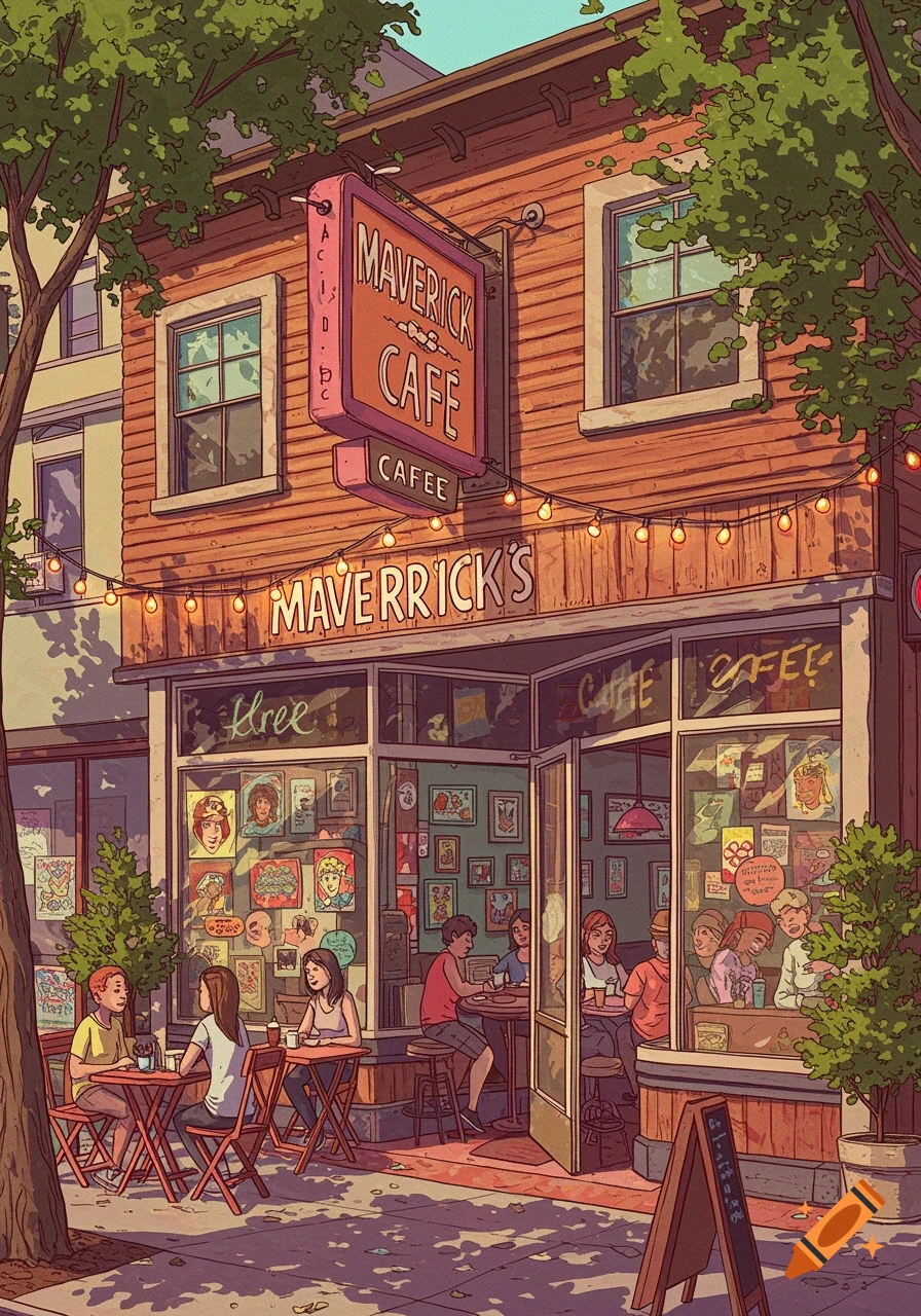 An illustrated street view of Maverick Cafe with people dining inside and outside under string lights and trees.