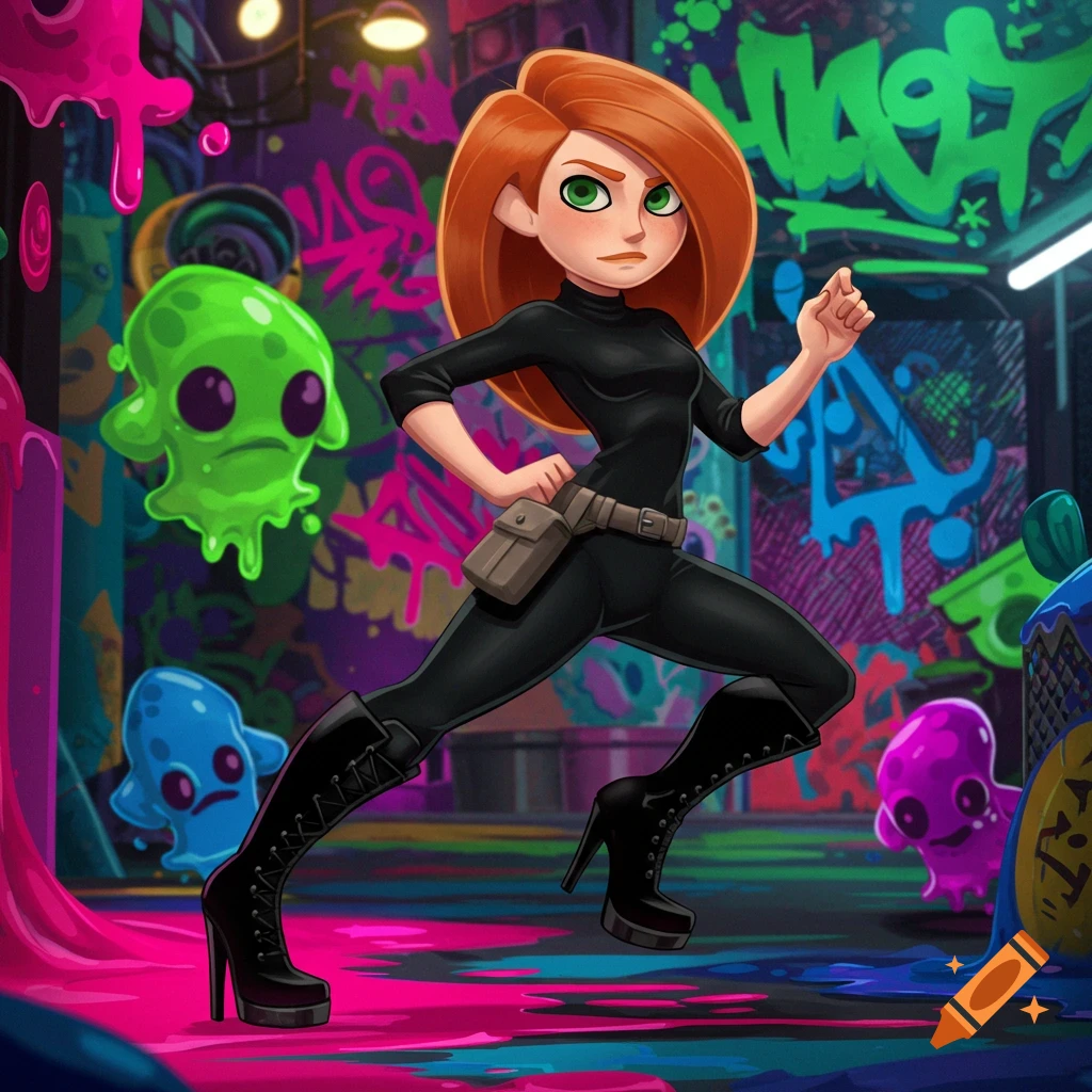 A cartoon character resembling Kim Possible in a black suit and high heels, in a vibrant alley with colorful graffiti and dripping goo.