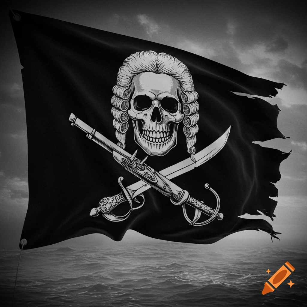 A black and white pirate flag with a skull wearing an aristocrat wig, crossed pistol and cutlass, waving over ocean waves.