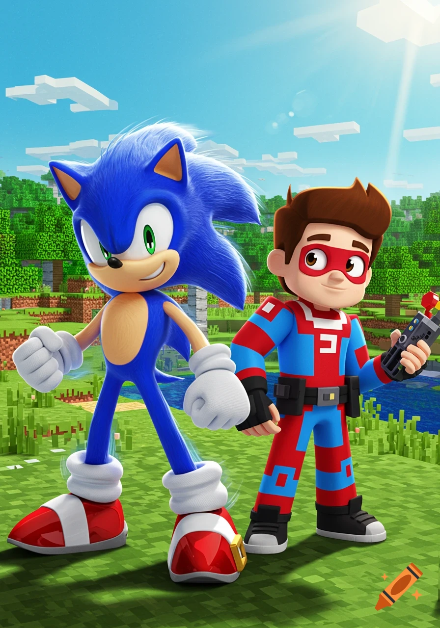 Sonic the Hedgehog and Henry Danger stand in a bright, blocky Minecraft landscape.
