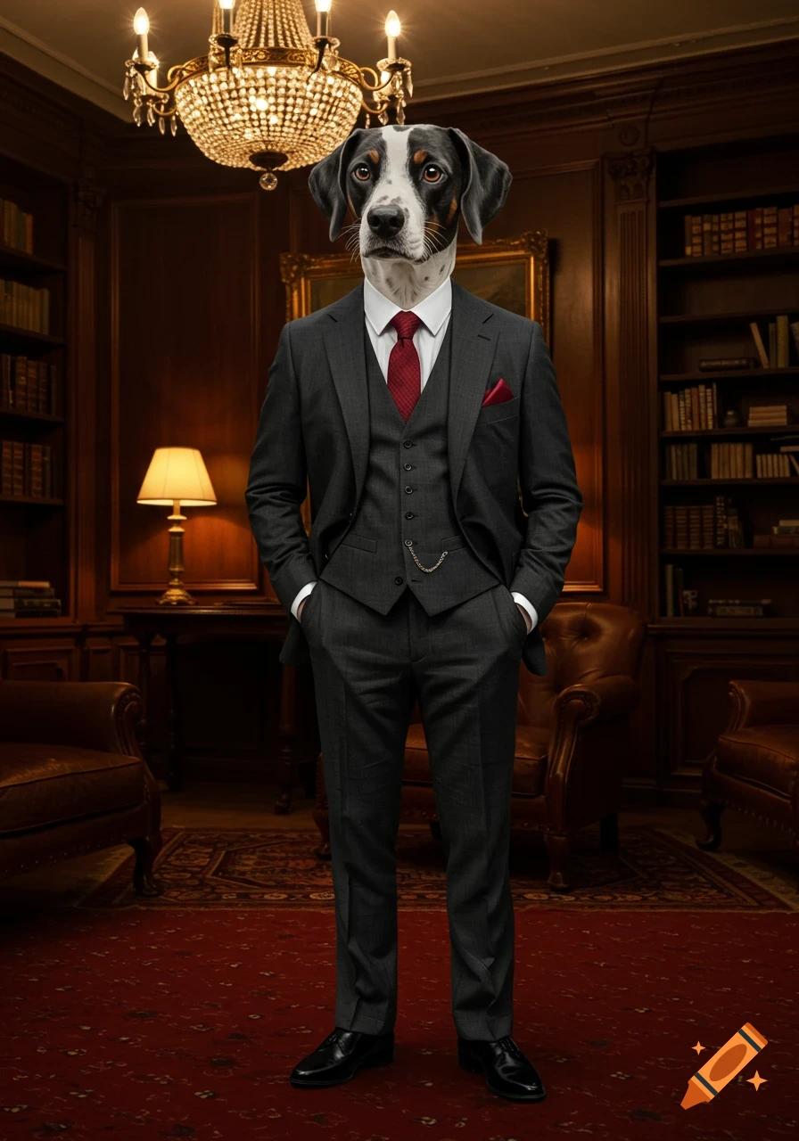 Photorealistic image of a dog's head on a man in a dark suit and red tie, standing in a richly decorated library.