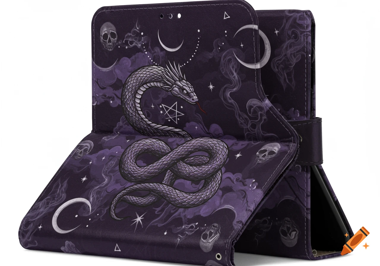 A dark purple phone case featuring a grey snake coiled around a pentagram, surrounded by skulls, crescent moons, and stars in a gothic, dark fantasy style.