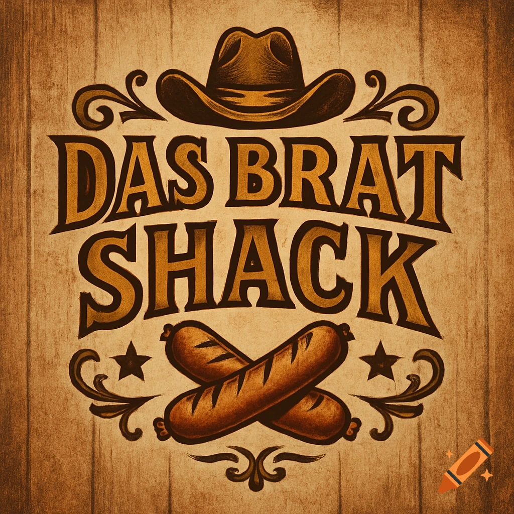 A western-style logo for Das Brat Shack, featuring a cowboy hat, stylized text, and two crossed sausages on a wooden background.