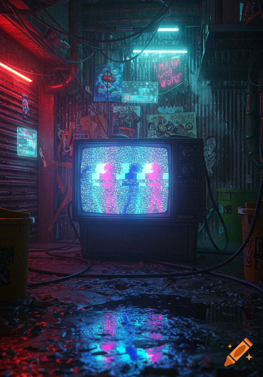 Static screen on an old TV in a dark, neon-lit cyberpunk alley with wet ground reflections.