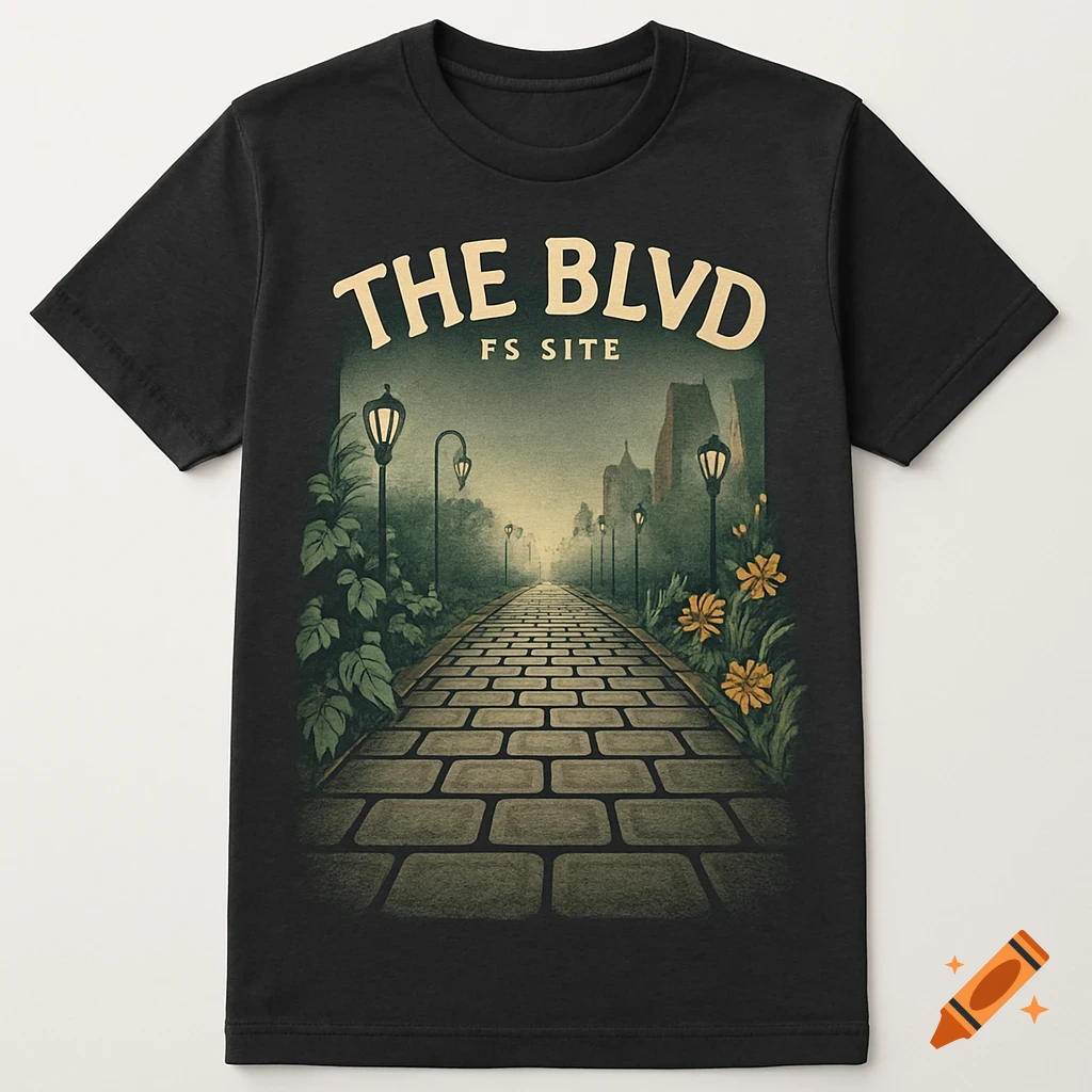 A black t-shirt featuring an illustrated design of a paved boulevard with lampposts and foliage, with text that reads "THE BLVD FS SITE" above it.