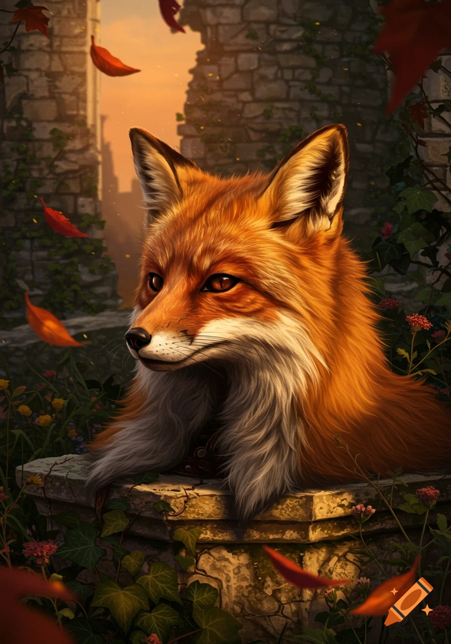 A detailed, photorealistic red fox sits among green ivy and autumn leaves in ancient stone ruins under a warm sunset sky.
