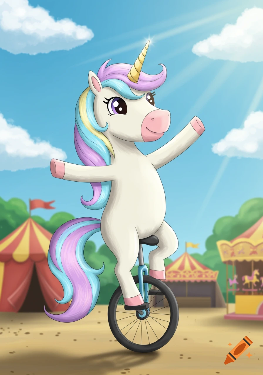A cartoon unicorn with a rainbow mane and tail rides a unicycle at a carnival under a blue sky.