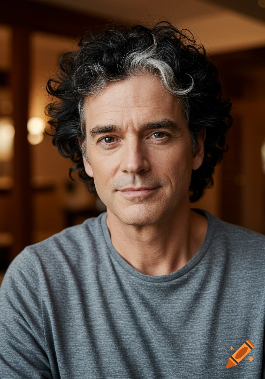A photorealistic portrait of a middle-aged white man with black curly hair and a white streak, wearing a gray t-shirt.