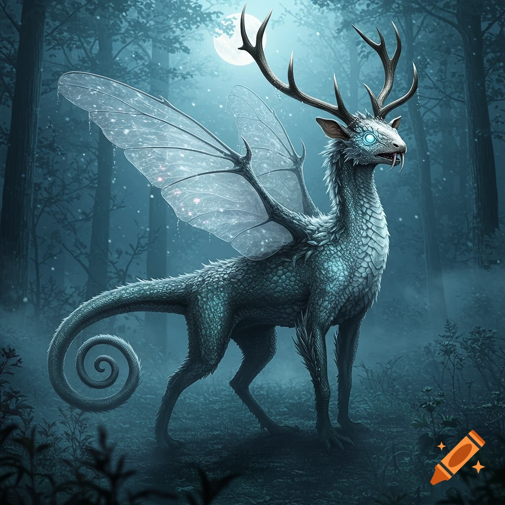 A majestic fantasy creature with deer antlers, scales, and iridescent fairy-like wings stands in a mystical, moonlit forest.