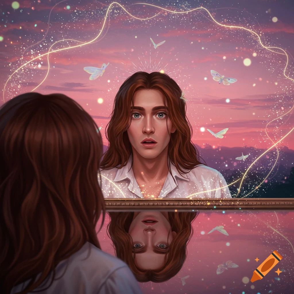 Artistic portrait of a person with long brown hair looking into a mirror with a surprised expression, against a pink sky with sparkling lines and butterflies.