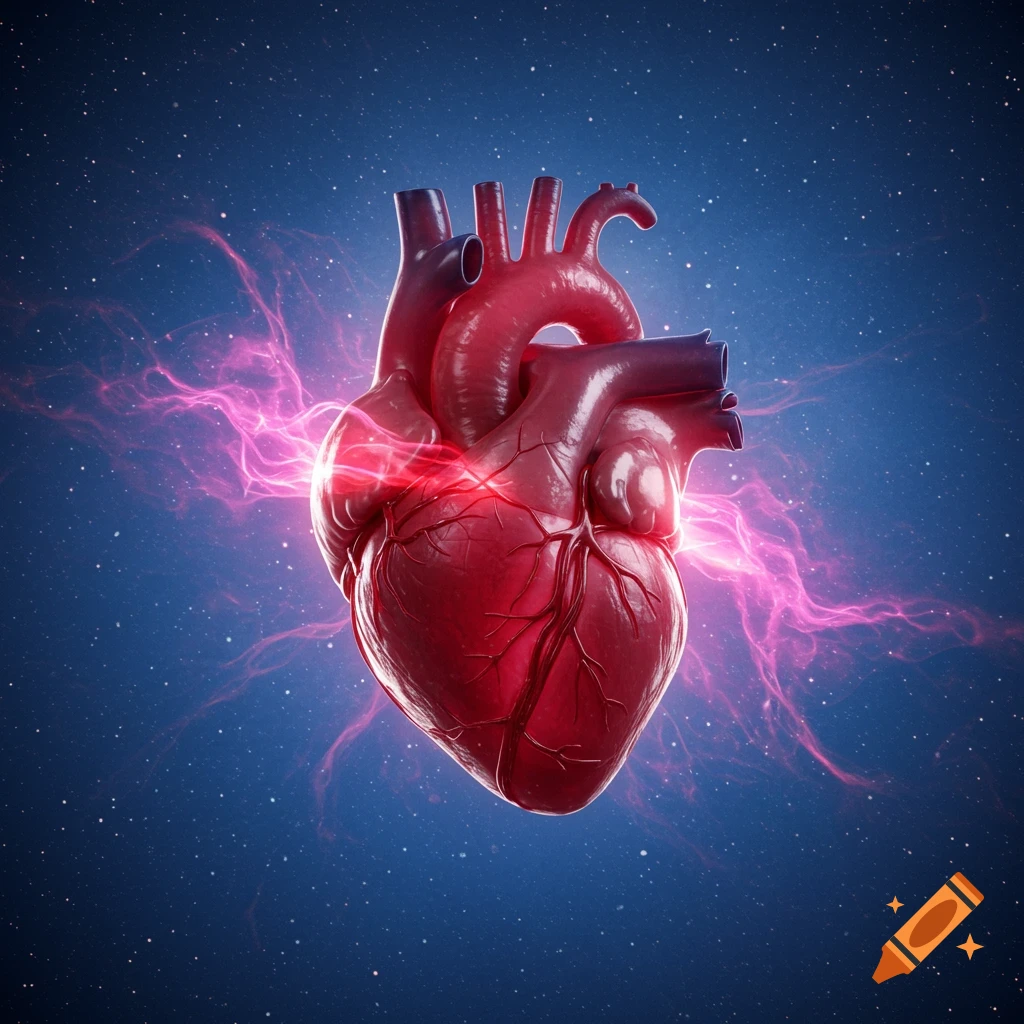 A detailed, photorealistic human heart glows with red and pink energy against a dark blue, starry background.