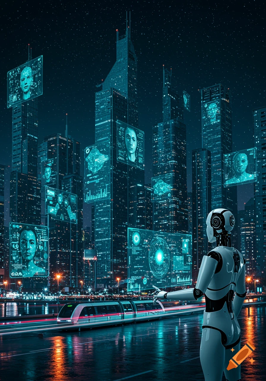 A white robot overlooks a futuristic city at night, with trains on the track and holographic screens displaying human faces and data.