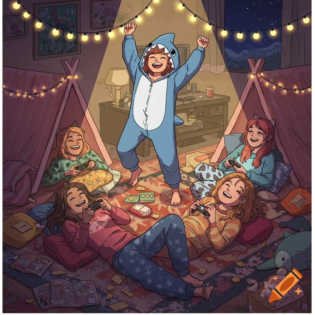 Five friends having a sleepover, playing video games. One stands in a shark onesie while others relax on the floor, in a cartoon style.