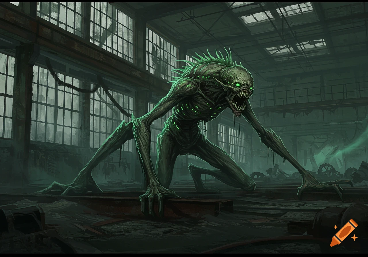 A monstrous, green-skinned creature with glowing eyes and sharp teeth stalks through a dark, dilapidated factory.