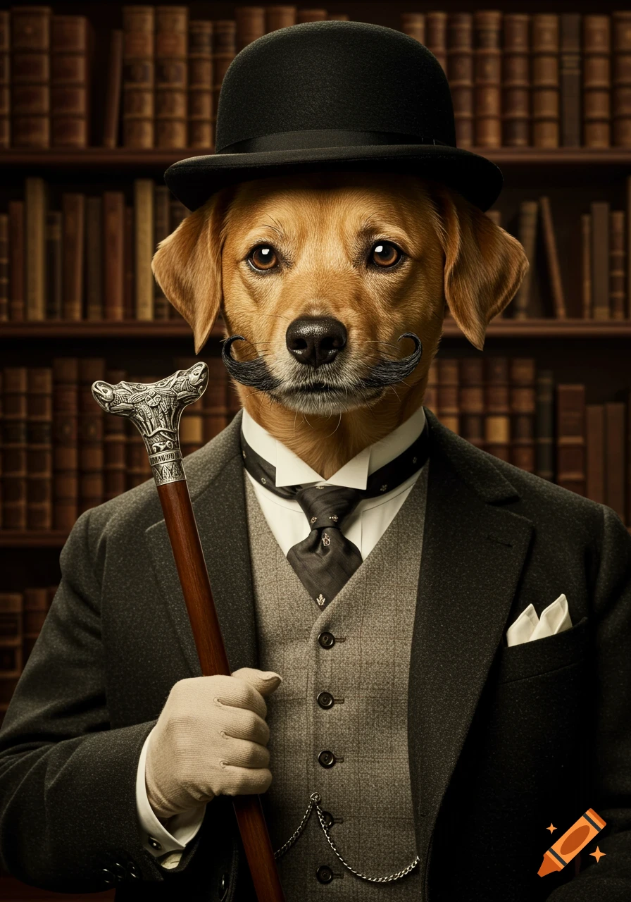 A hyperrealistic portrait of a golden dog in a suit, bowler hat, and curled mustache, holding a walking stick in a library.