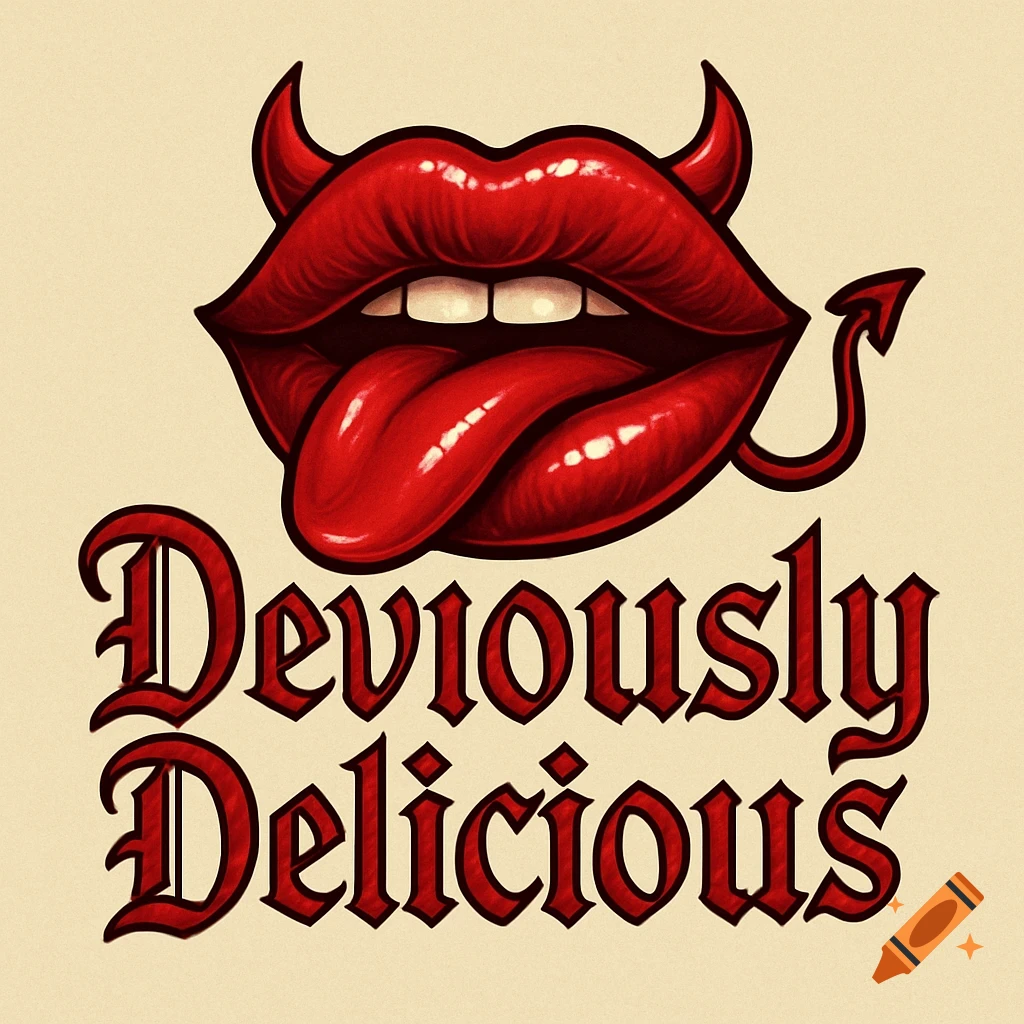 A stylized red logo featuring devil lips with a tongue sticking out, devil horns, and a tail, with 'Deviously Delicious' text below.