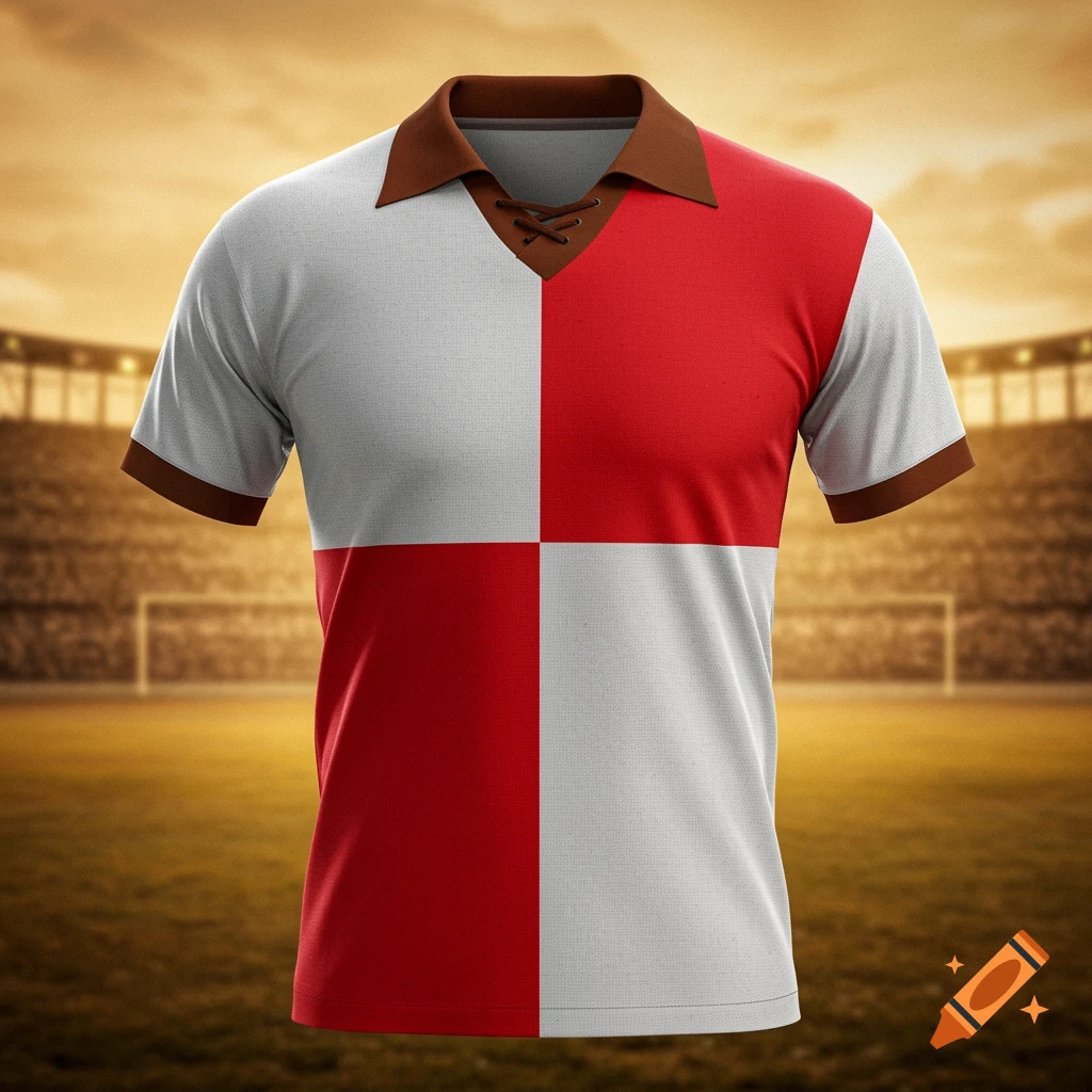 A vintage soccer jersey with a brown collar and laces. The jersey is divided into four quadrants: top right red, top left white, bottom right white, bottom left red. It is set against a blurred soccer stadium background.