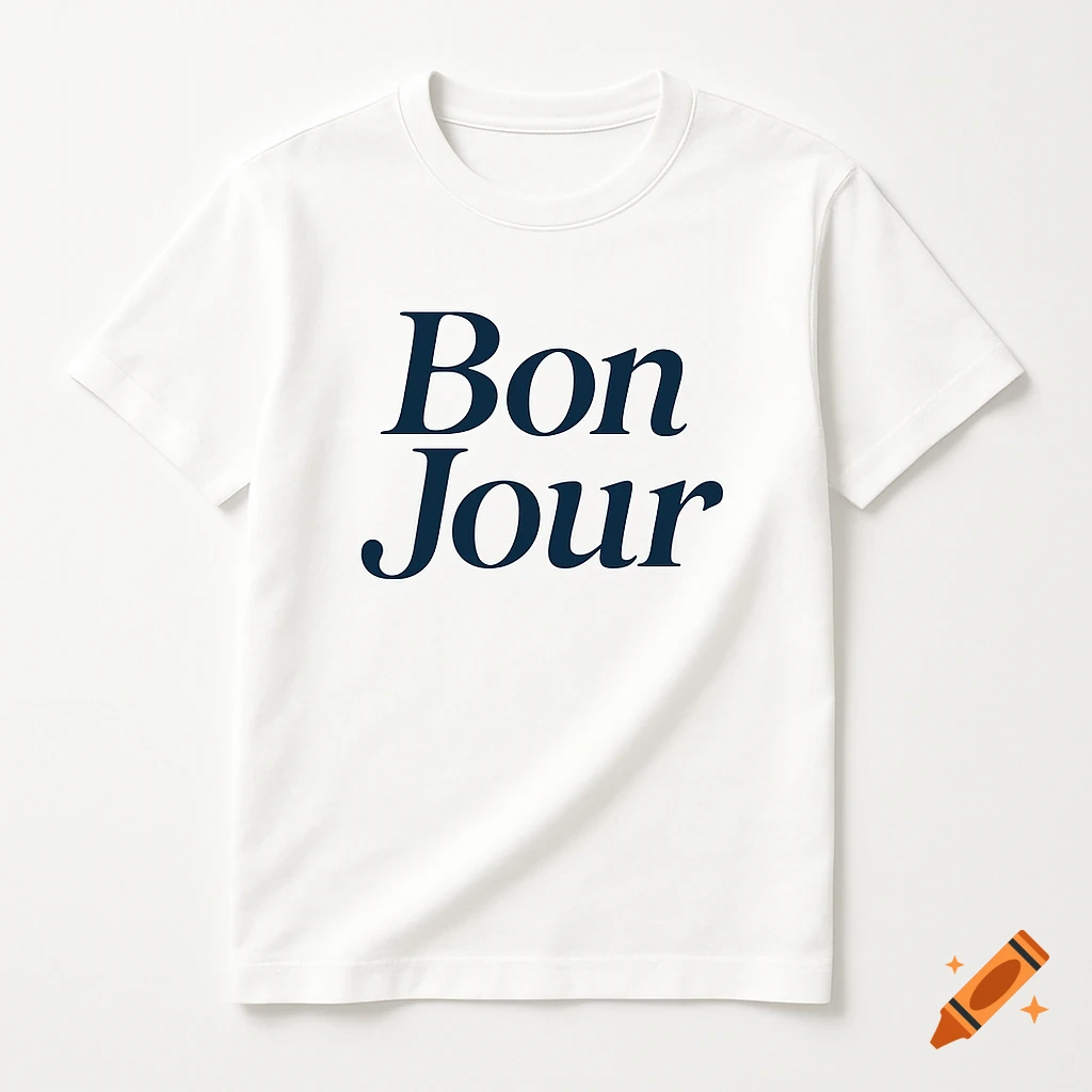 White t-shirt with 'Bon Jour' written in dark blue on the front.