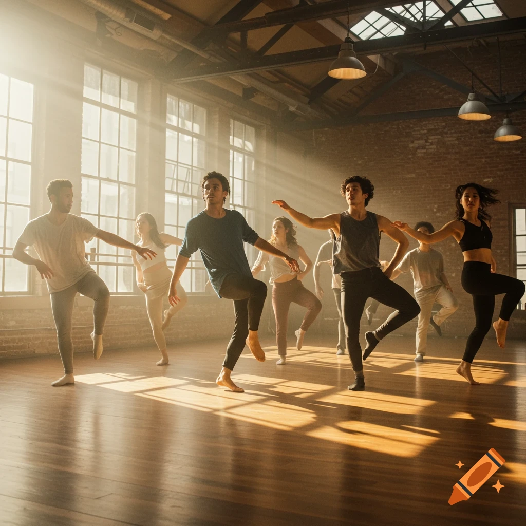 Dancers practice in a sunlit studio, bathed in warm light streaming through large windows.