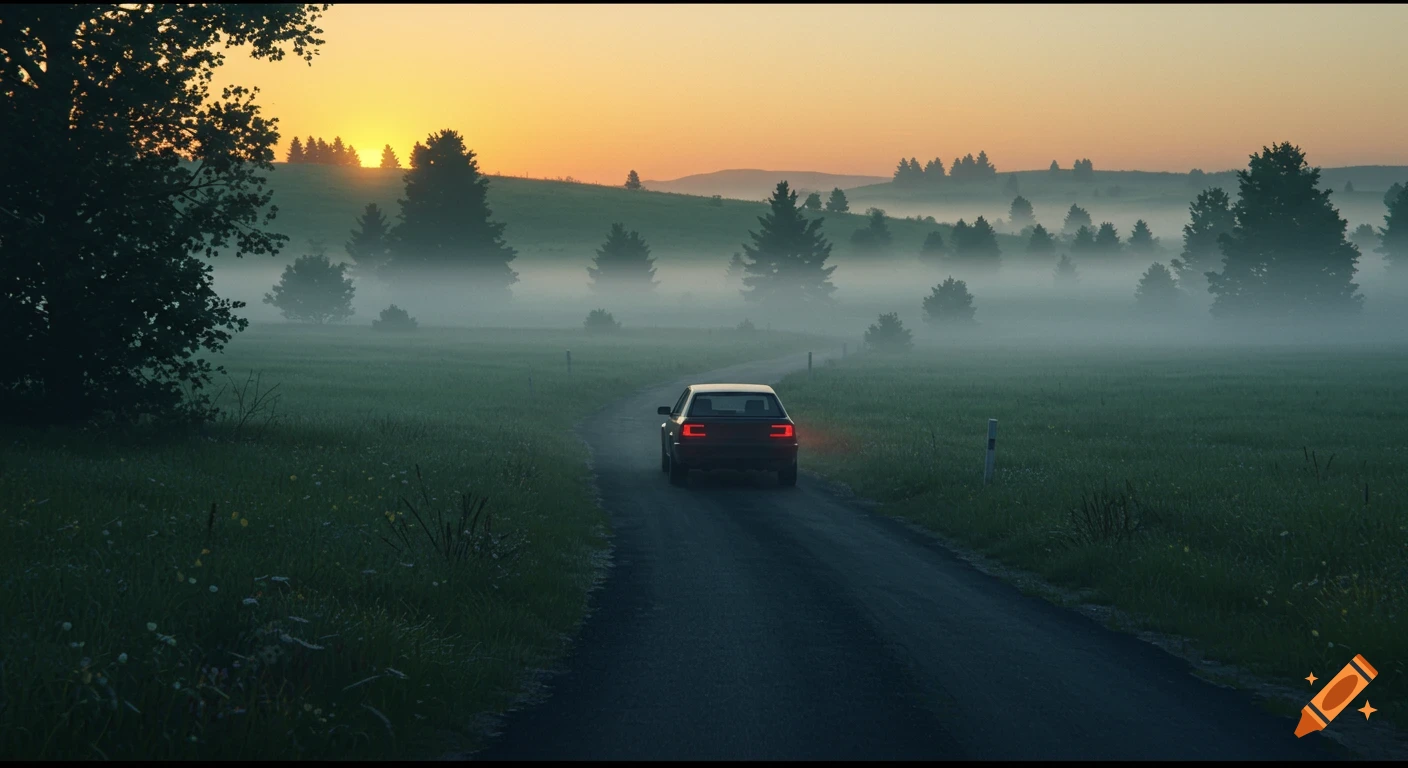 A car drives down a winding road through a misty, green landscape at sunrise.