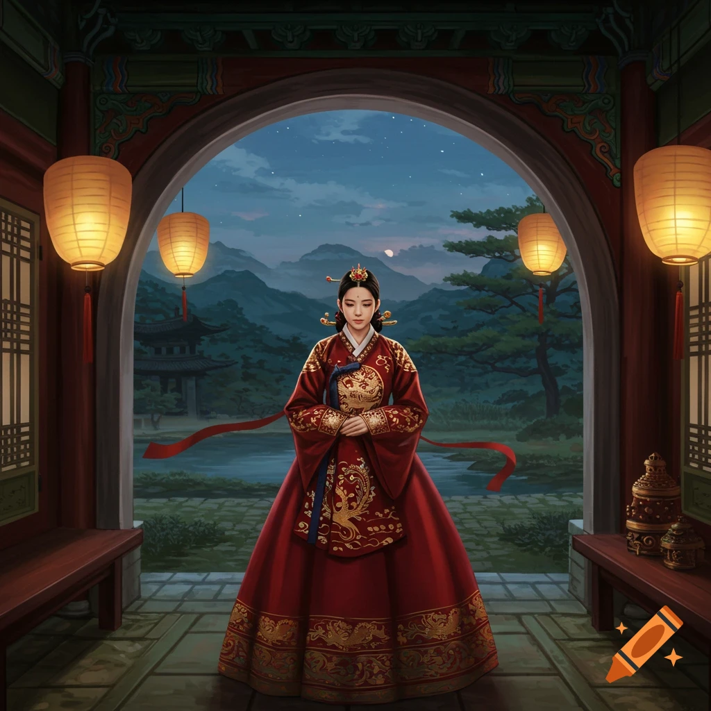 A woman in a red and gold traditional Korean dress stands in an archway, looking out at a moonlit landscape with mountains and a temple.