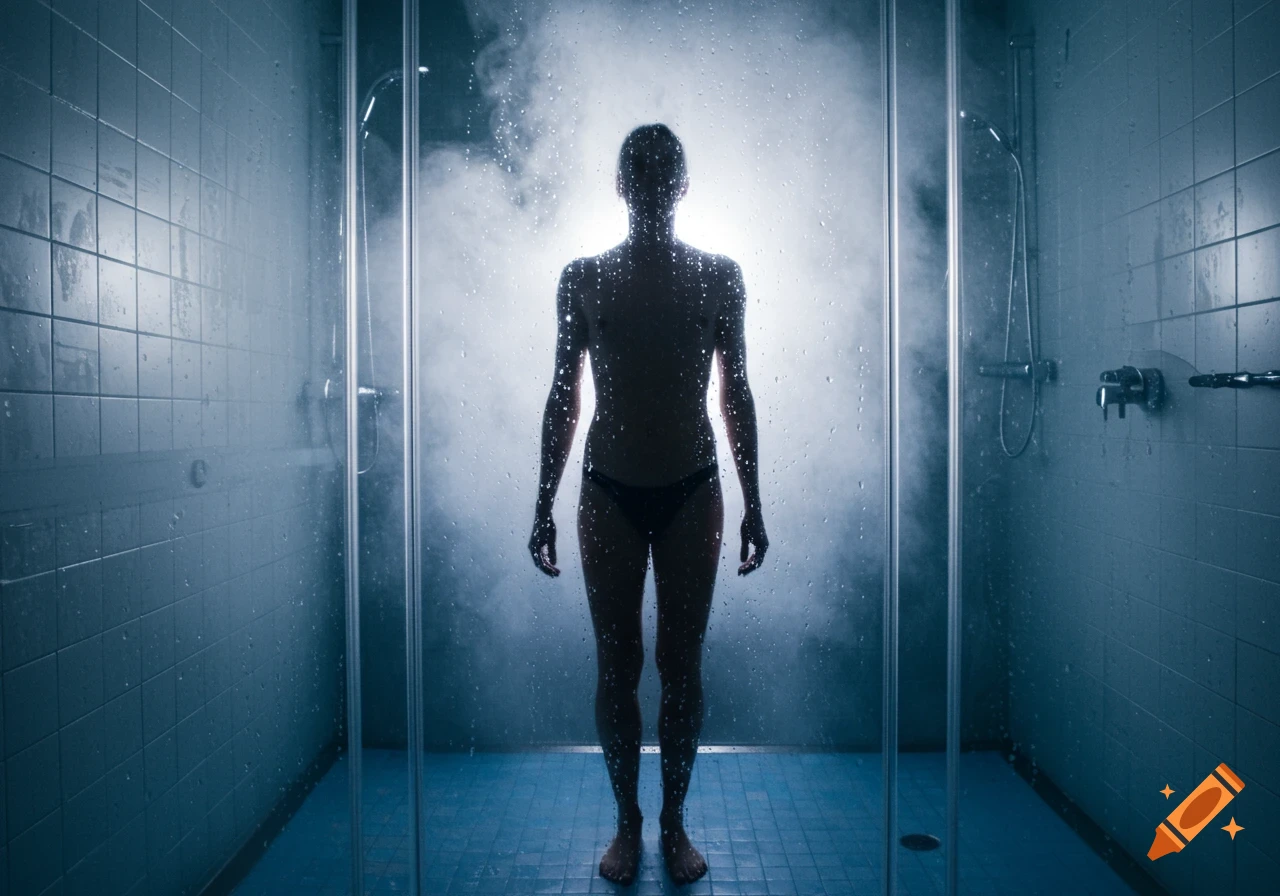 A silhouette of a person standing in a steamy shower, viewed through a wet glass door, with blue tiled walls.
