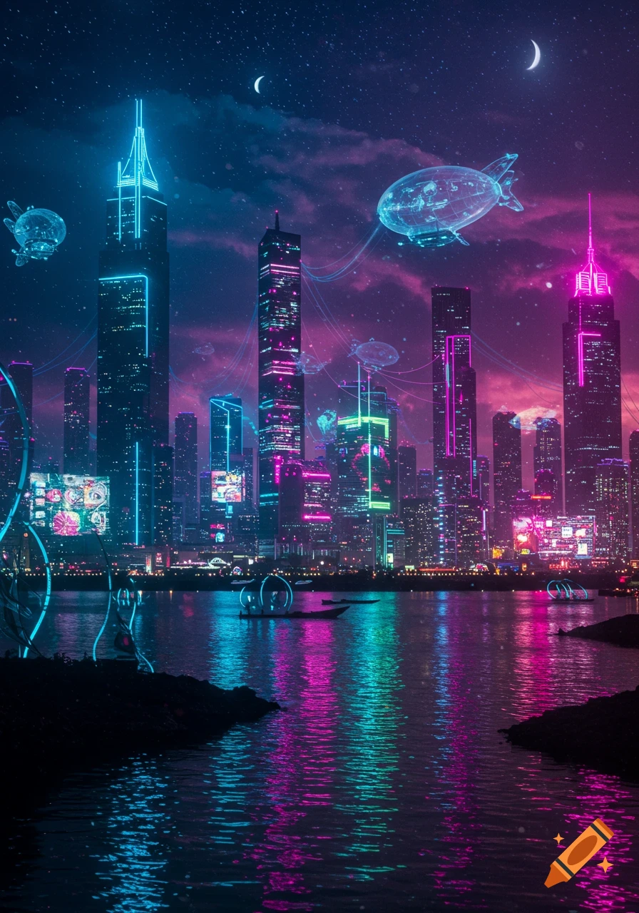 A vibrant, neon-lit futuristic cityscape at night, reflected in water with glowing airships in the sky.