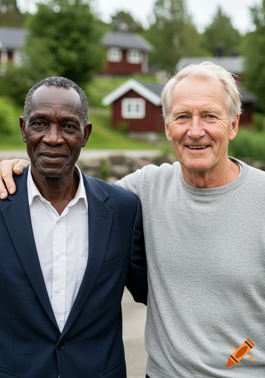 Two smiling older men, one African and one white, stand with arms around each other in front of houses.
