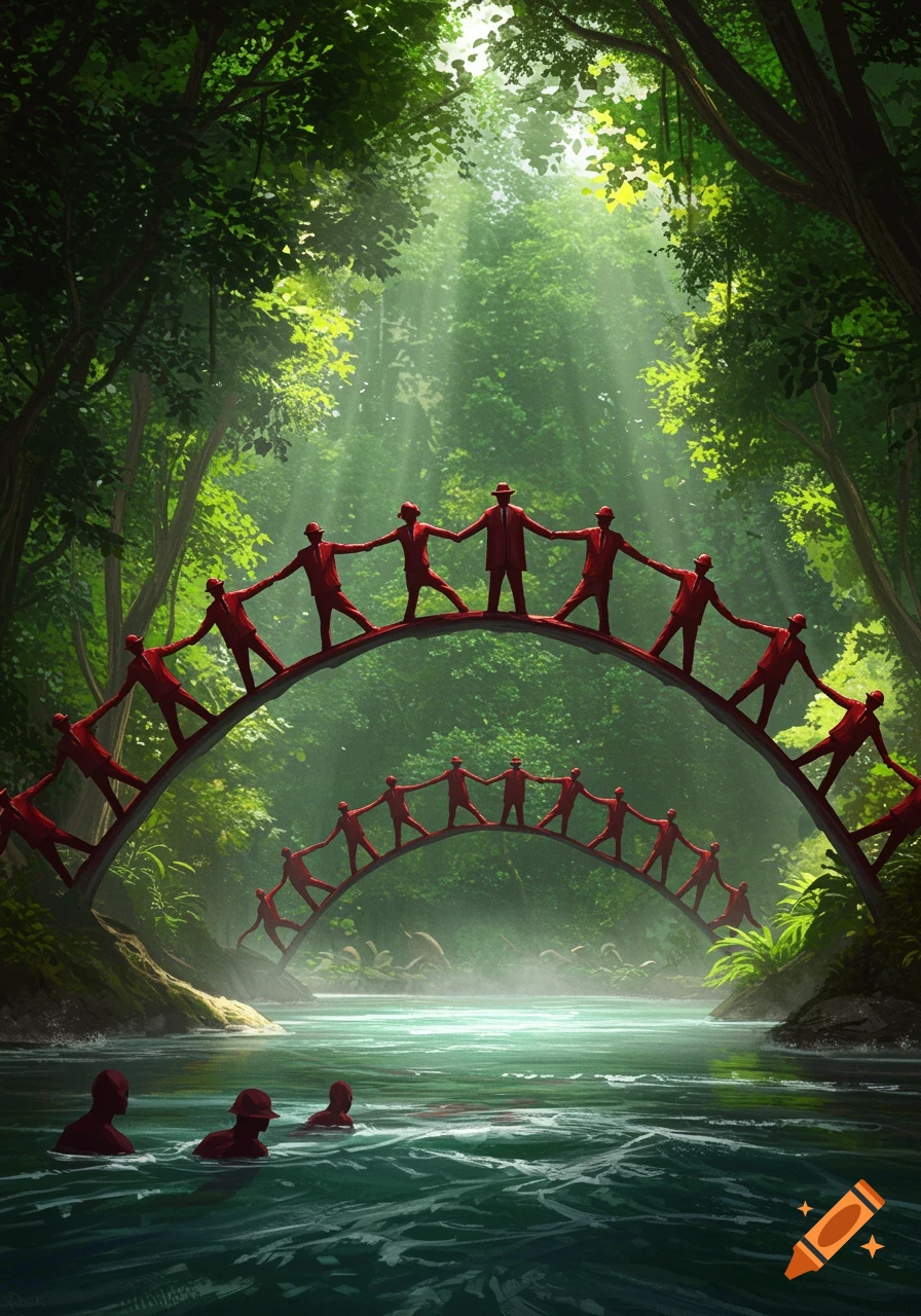 A bridge of red-suited, hat-wearing figures holding hands arches over a green river in a sunlit forest. Other figures are in the water below.