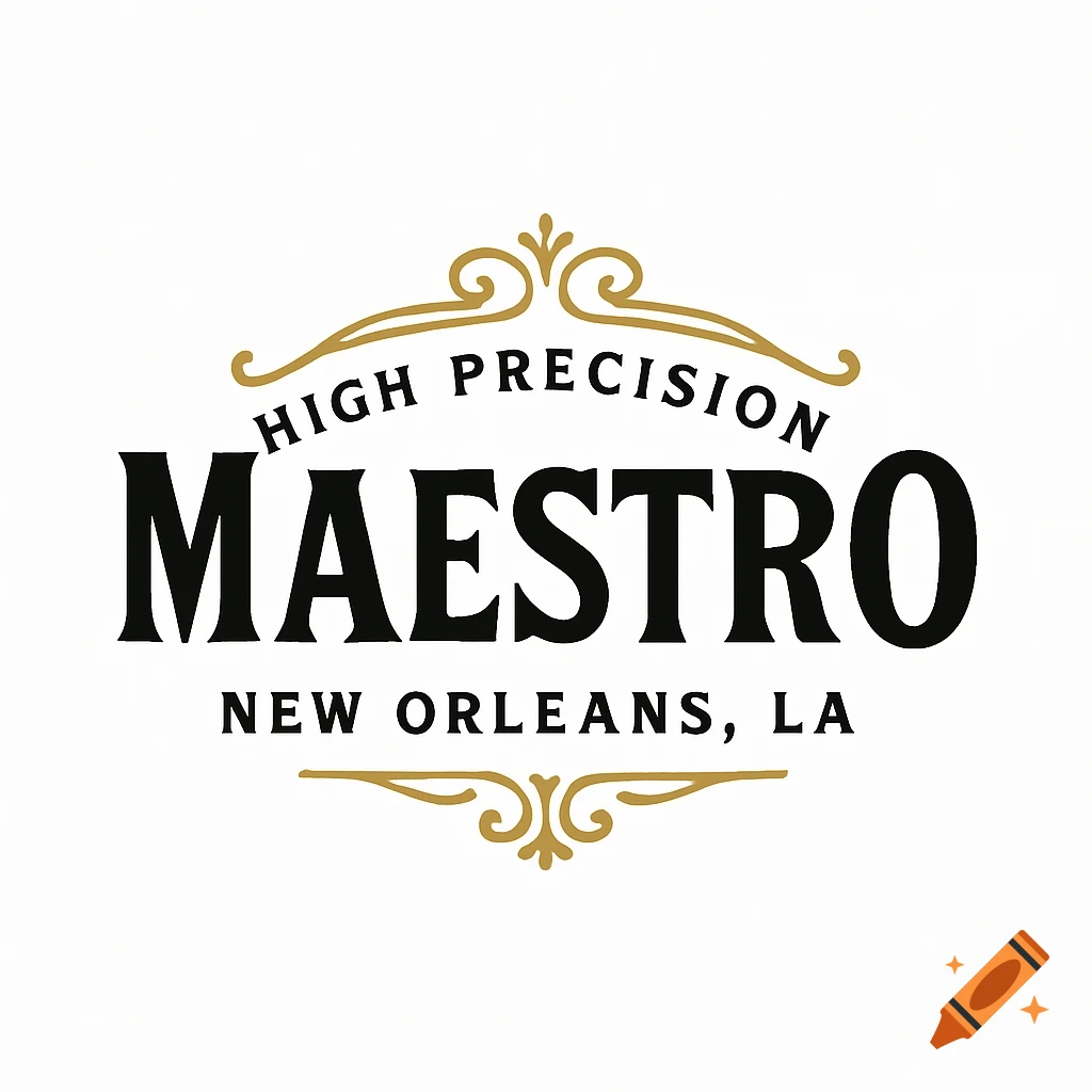A vintage-style logo with black text "HIGH PRECISION MAESTRO NEW ORLEANS, LA" and gold decorative swirls on a white background.
