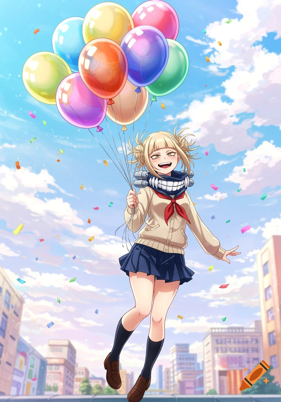 Anime girl Himiko Toga floats joyfully with colorful balloons and confetti over a cityscape under a blue sky.