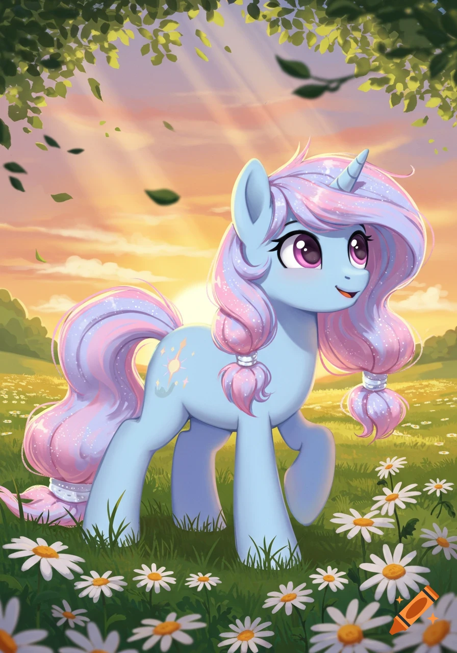 A light blue unicorn with a sparkling pink and purple mane and tail stands in a field of daisies during sunset.