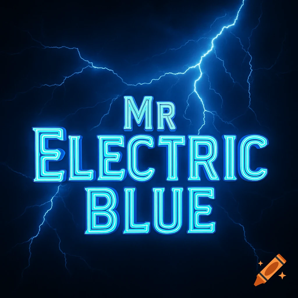 Blue neon text 'MR ELECTRIC BLUE' against a dark background with blue lightning bolts.