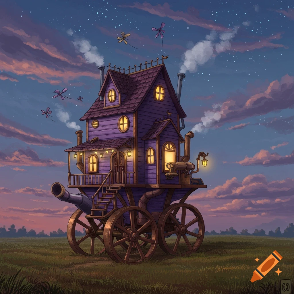 A whimsical purple steampunk house on large wooden wheels stands in a green field under a twilight sky with pink clouds and stars.