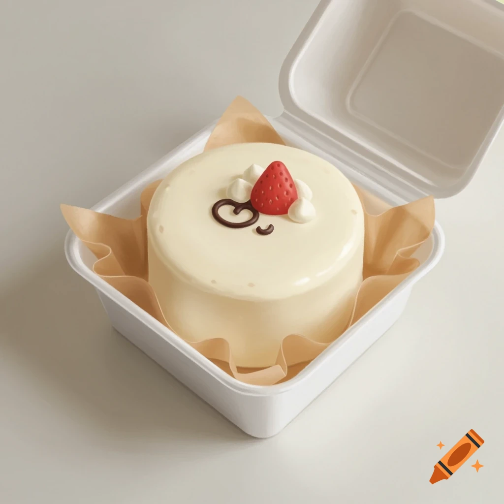 A small, round white bento cake topped with a strawberry and chocolate in a white takeout container.