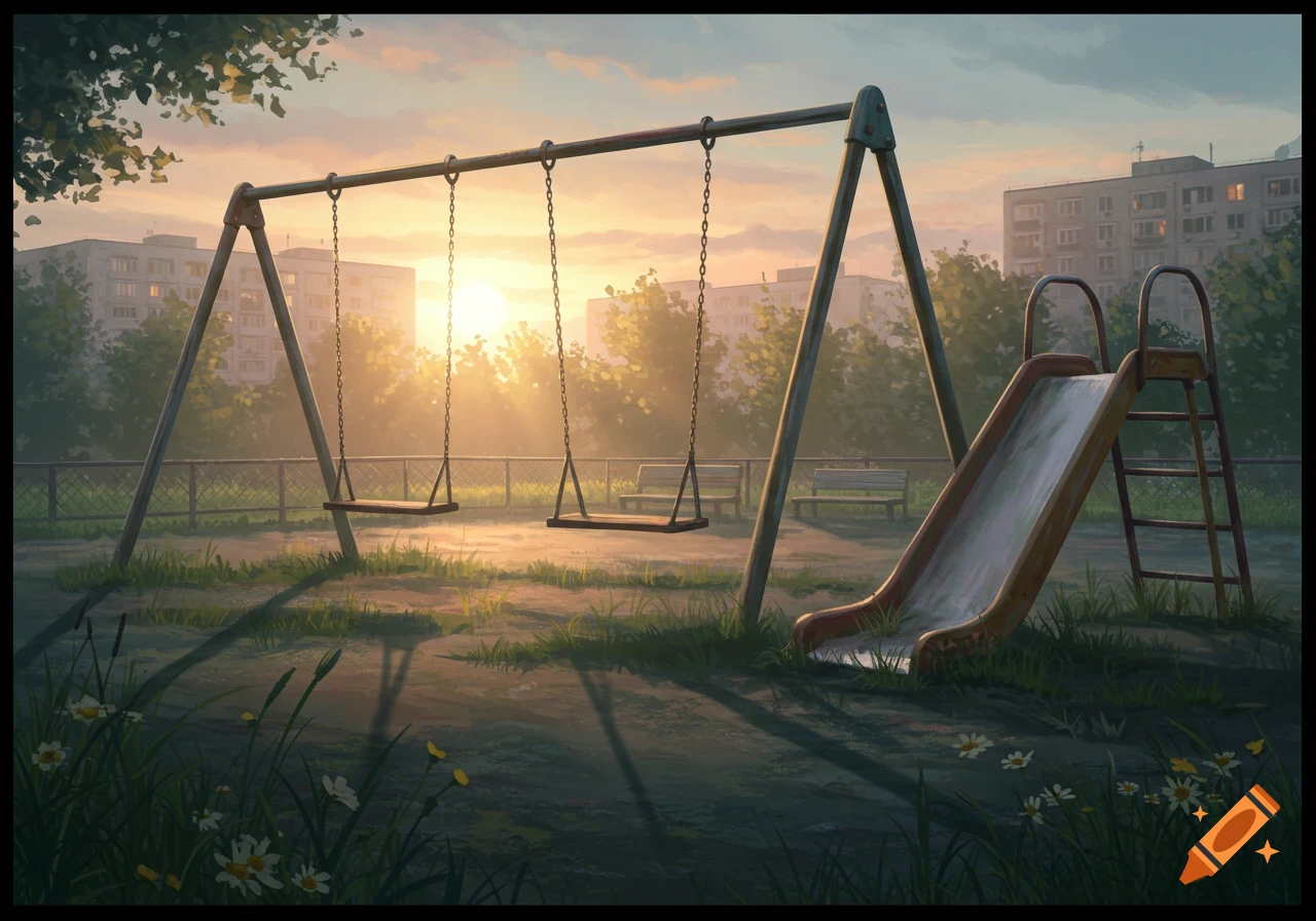 An empty playground with swings and a slide bathed in warm sunset light, surrounded by grass and distant buildings.