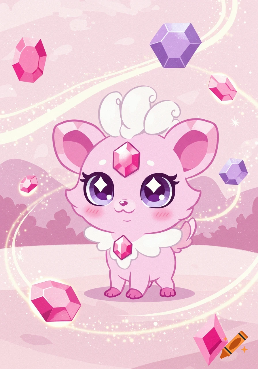 A cute pink cartoon creature with large purple eyes and white fluffy fur, adorned with a pink jewel on its forehead and chest, floats amidst sparkling jewels and light streaks in a pastel pink landscape.