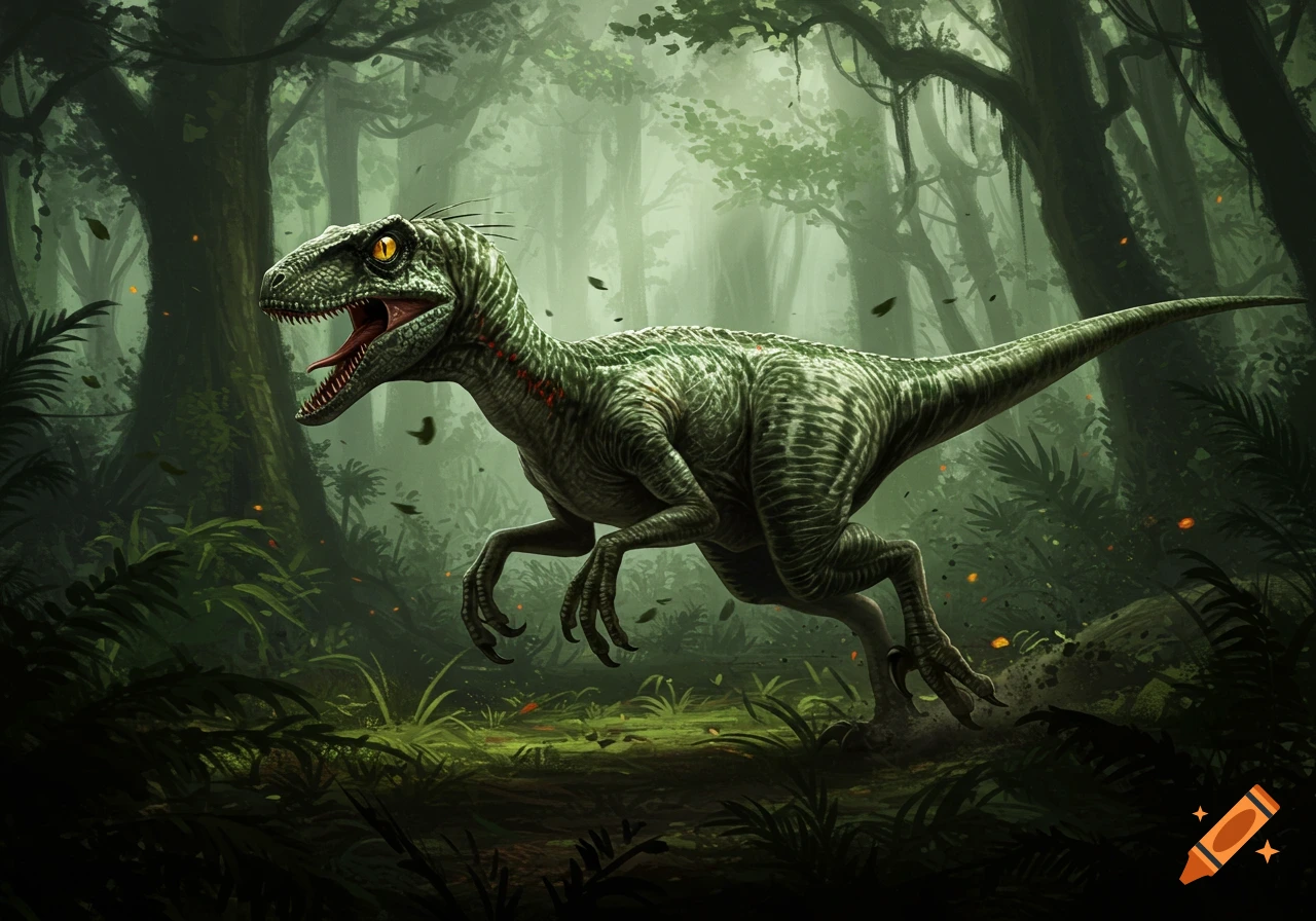 A green raptor with yellow eyes strides through a lush, misty forest, leaves and dirt kicked up around its feet.