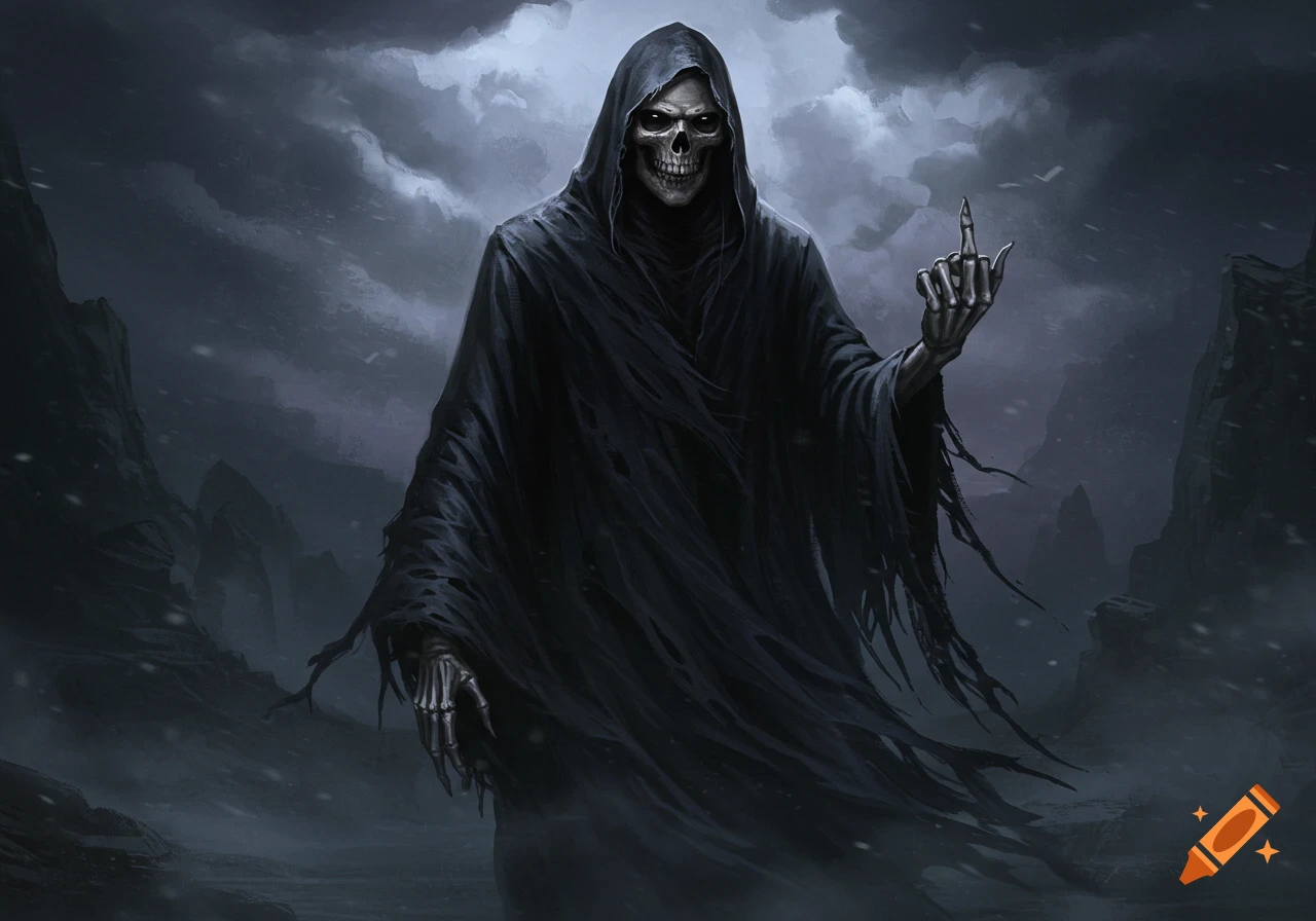 A dark fantasy illustration of the Grim Reaper, a skeletal figure in a tattered hooded cloak, giving the middle finger amidst a stormy, dark landscape.