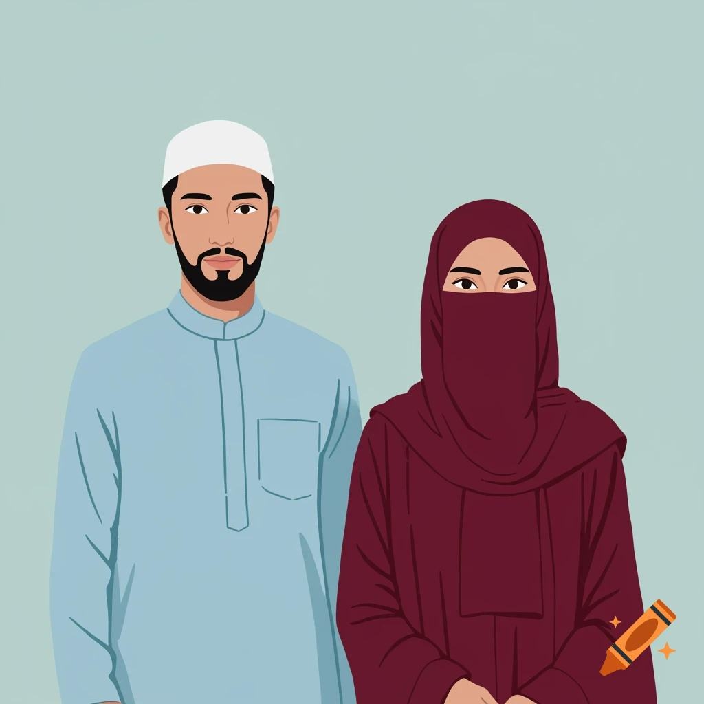 Flat illustration of a Muslim man in a light blue thobe and white kufi, and a woman in a maroon hijab and niqab, against a teal background.