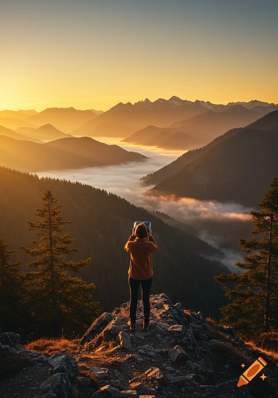 A person stands on a rocky mountain peak, looking through binoculars at a vast misty mountain range at sunrise.