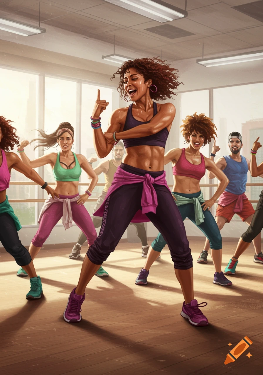 A high-energy illustration of a diverse group of people performing a dance fitness routine in a bright studio, led by an enthusiastic woman in the foreground.