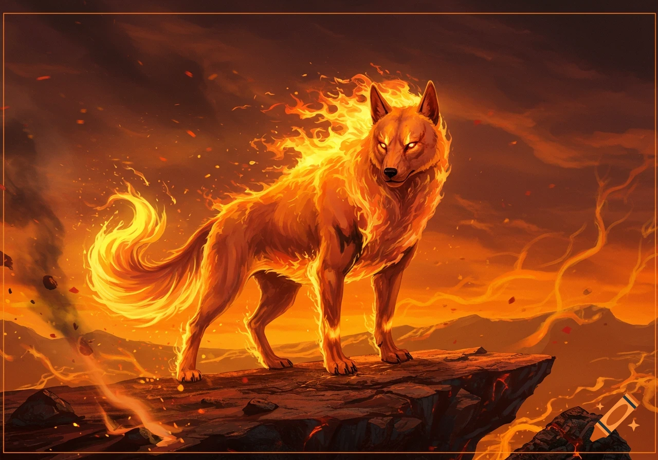 A fiery wolf with glowing eyes stands on a rocky cliff under an orange, smoky sky.