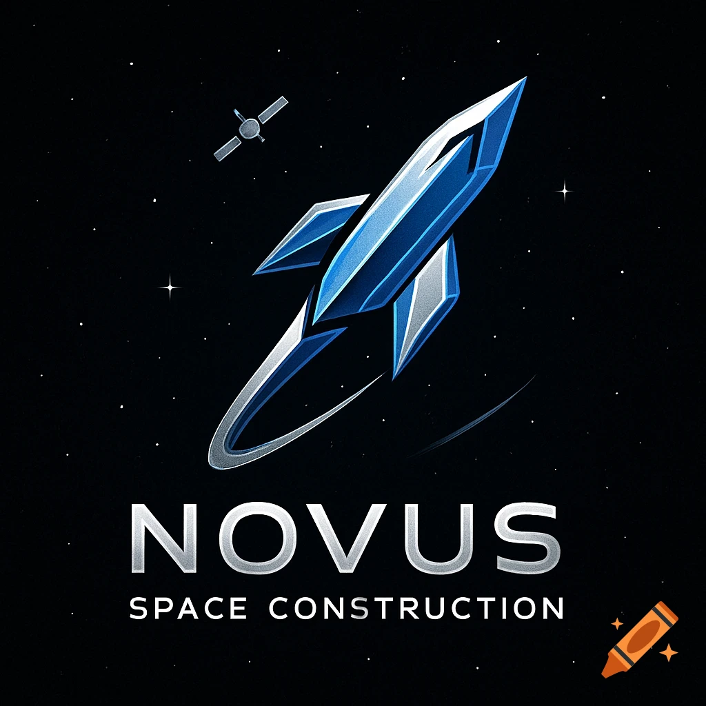 Logo for Novus Space Construction featuring a stylized blue and silver rocket ascending through space with stars and a satellite.