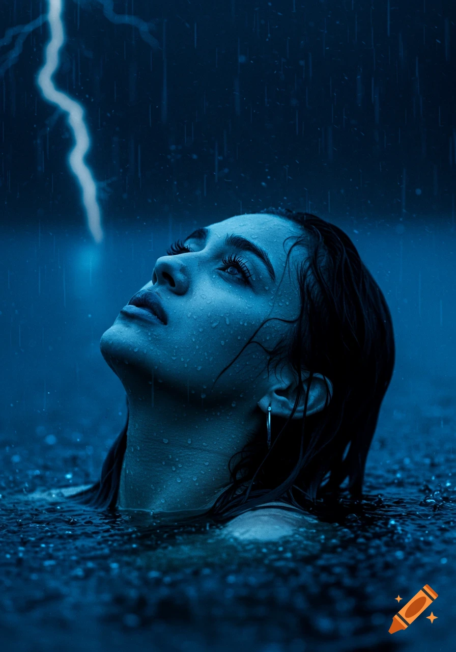 A woman with dark hair in water, looking up at falling rain and a lightning bolt in a deep blue, stormy scene.
