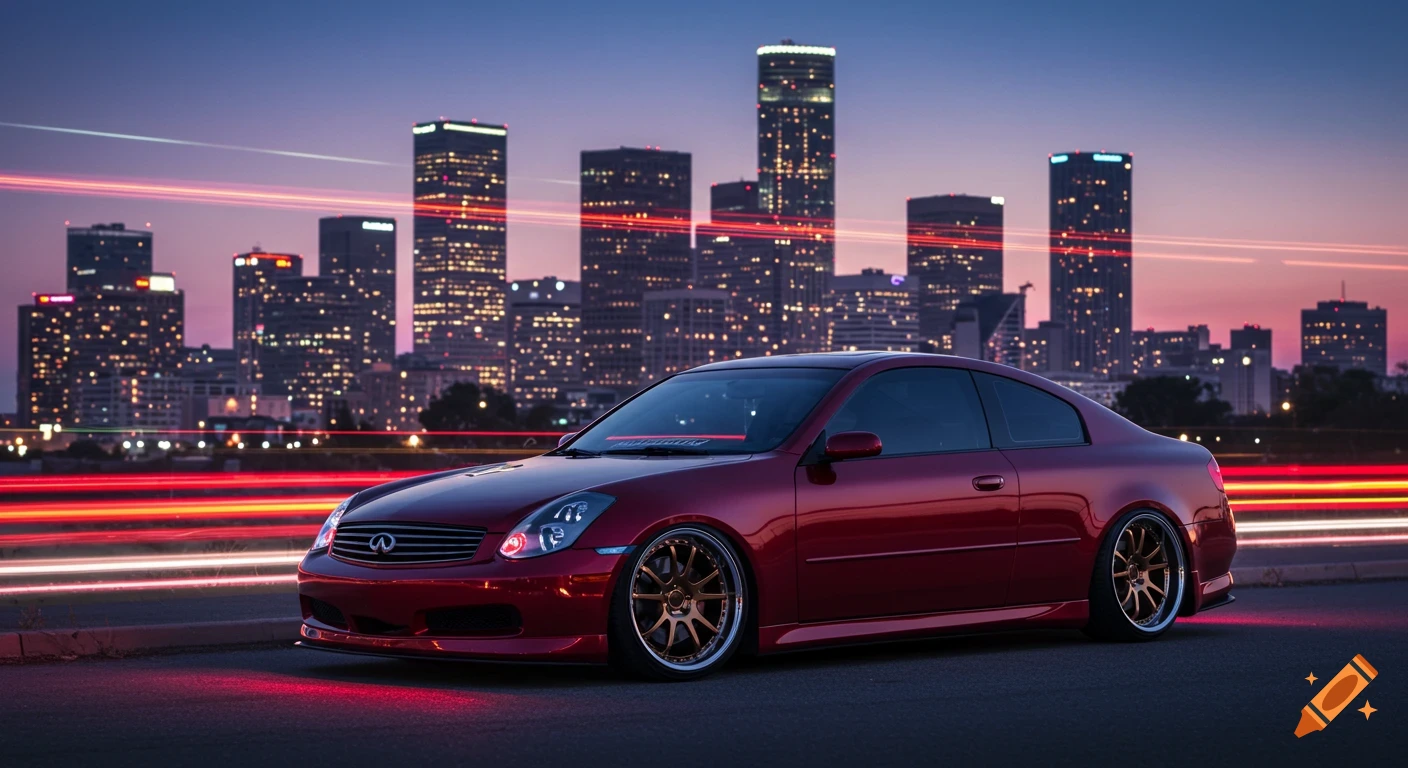 Red Infiniti G35 coupe parked on a road with city skyline and light trails in the background at dusk, photorealistic.