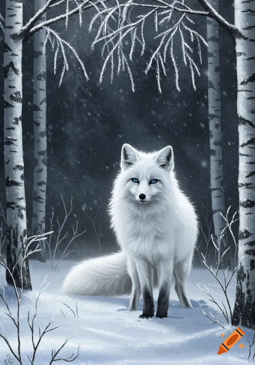 A fluffy white arctic fox with striking blue eyes stands in a snowy forest as snow falls.