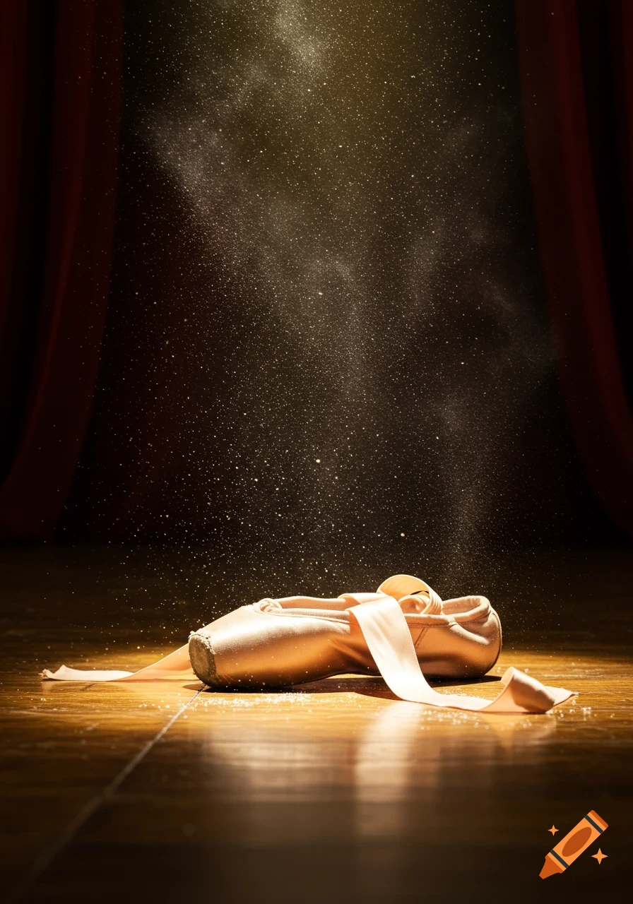A single pink pointe shoe lies on a dusty wooden stage floor, illuminated by a dramatic spotlight.